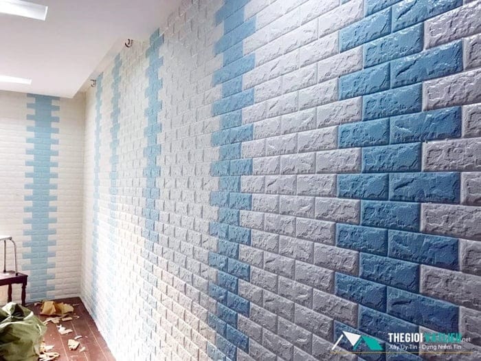xốp dán tường giả gạch màu xanh dương