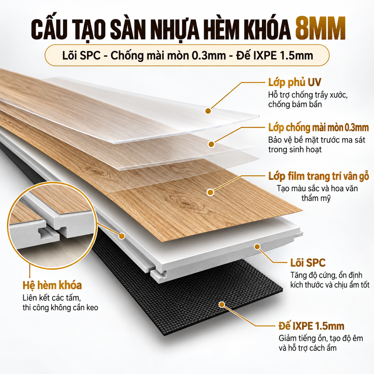 Sàn Nhựa Hèm Khóa 8mm SGS Plus Giả Gỗ Có Đế IXPE 11 cau tao san nhua hem khoa 8mm