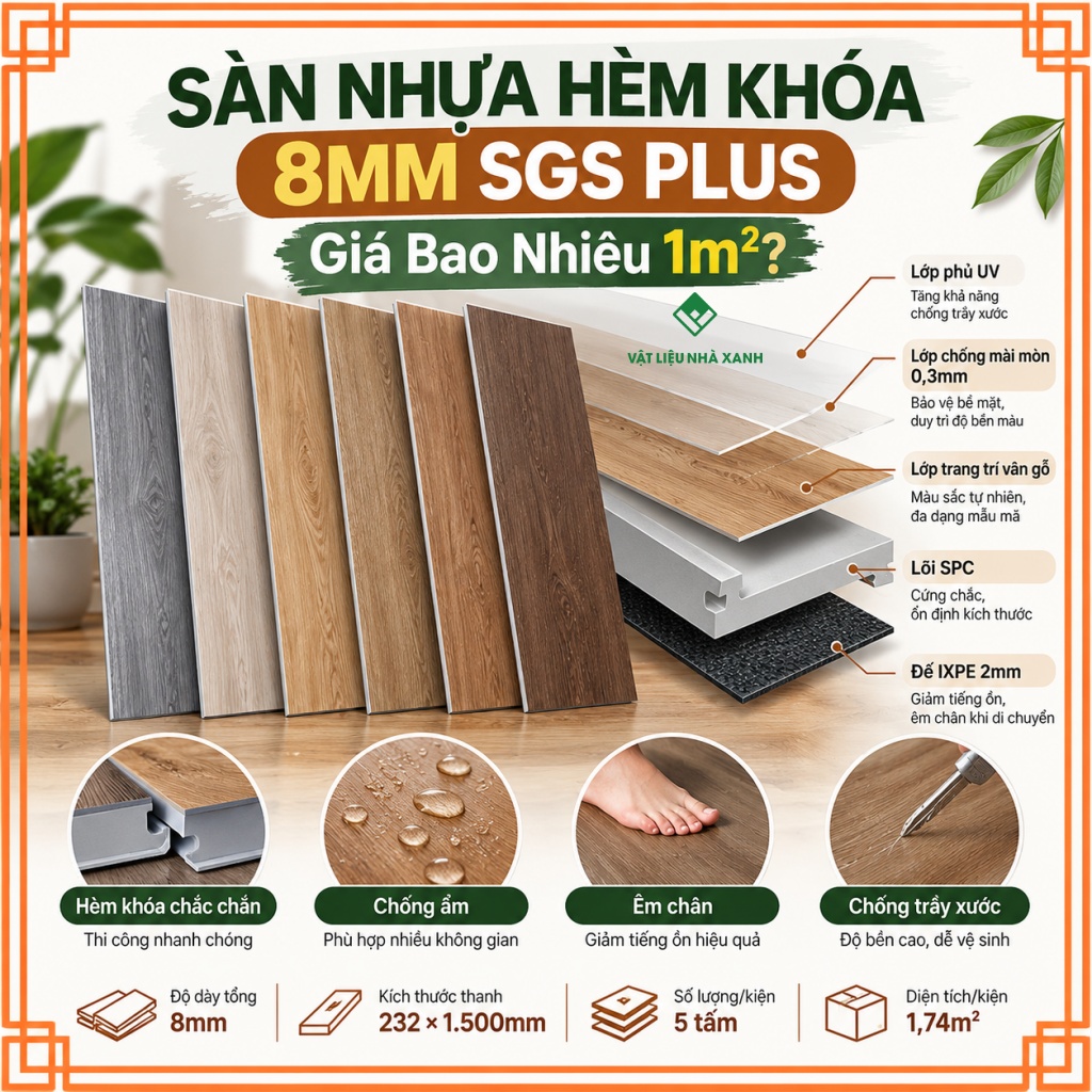 Sàn Nhựa Hèm Khóa 8mm SGS Plus Giả Gỗ Có Đế IXPE 18 gia san nhua hem khoa 8mm sgs plus nha