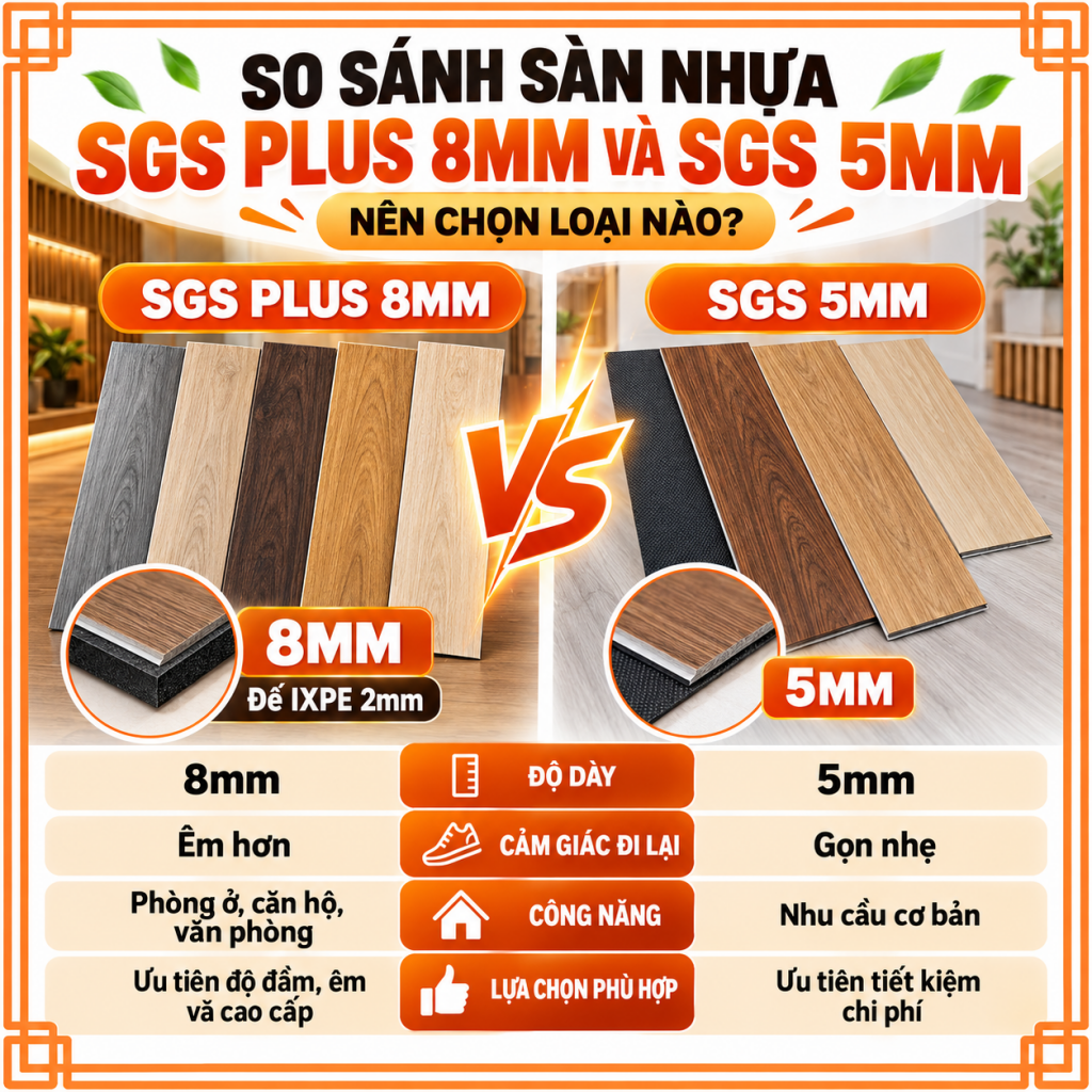 Sàn Nhựa Hèm Khóa 8mm SGS Plus Giả Gỗ Có Đế IXPE 40 so sanh san nhua 5mm va 8mm